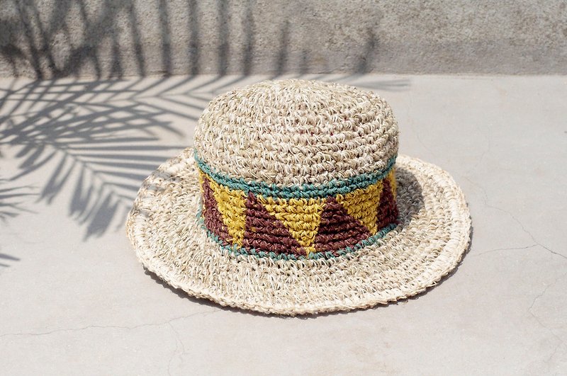 A limited edition of hand-woven cotton cap / knit cap / hat / visor / hat - yellow braided brown trigonometry - Hats & Caps - Cotton & Hemp Multicolor