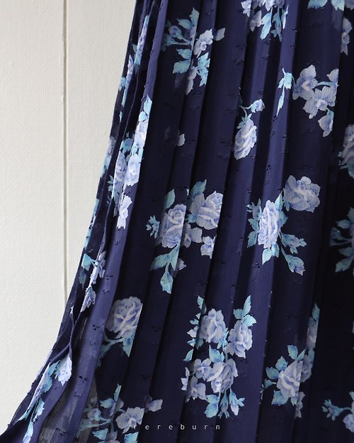 REreburn 日系昭和風小立領復古花朵深藍色短袖古著洋裝