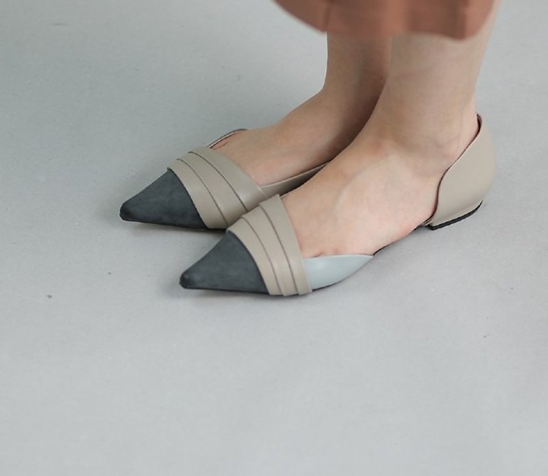 Cladding structure leather pointed flat shoes blue khaki - High Heels - Genuine Leather Gray