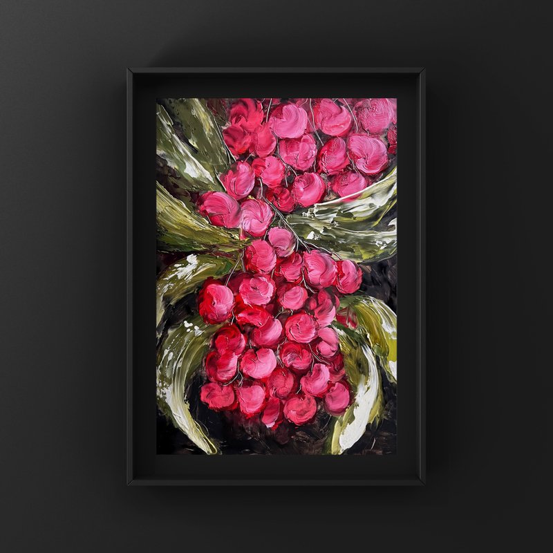 Red berries oil painting Branch leaf artwork Botanical plant wall art - โปสเตอร์ - วัสดุอื่นๆ สีแดง