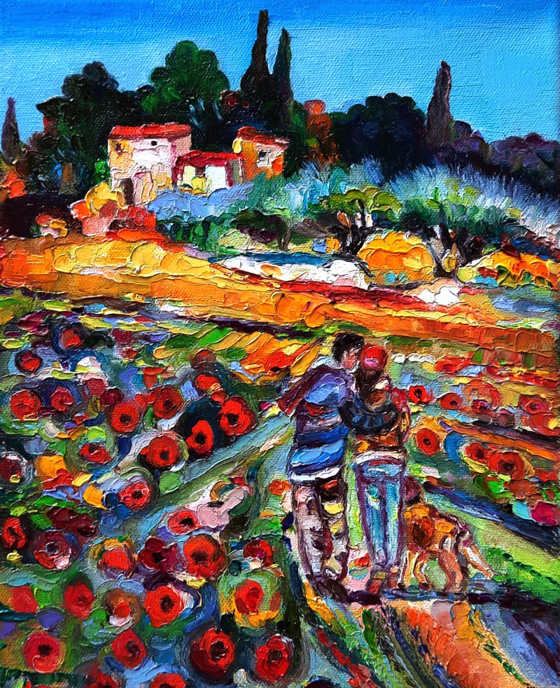 Couple Painting Poppies  Art Original Art  Oil Painting   Oil On Canvas - 壁貼/牆壁裝飾 - 其他材質 紅色