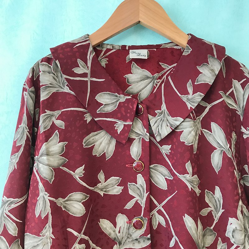 ヴィンテージシャツ/紅の手描きの花の長袖シャツ - シャツ・ブラウス - ポリエステル レッド