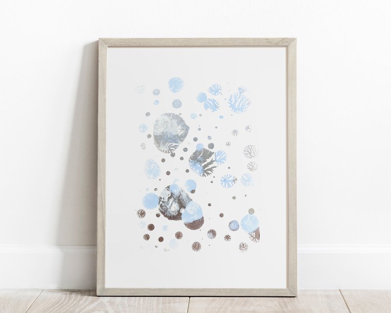 N2 Blue silver abstract snowflakes 12x16in Monotype print Holiday winter art - 海報/掛畫/掛布 - 紙 銀色