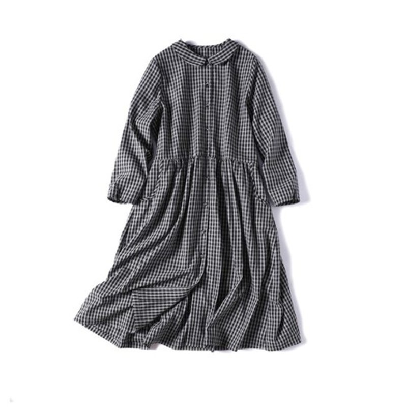 20% OFF This one piece will make you look different Round collar cotton Linen dress Check pattern dress 211003-2 - One Piece Dresses - Cotton & Hemp 