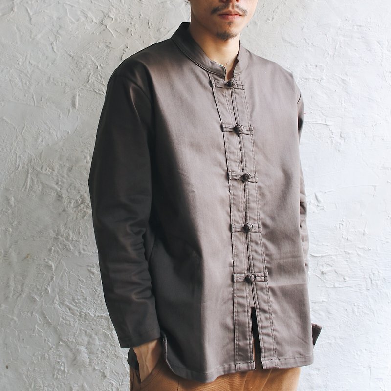 Omake Chinese knot Shirt - เสื้อเชิ้ตผู้ชาย - ผ้าฝ้าย/ผ้าลินิน สีกากี