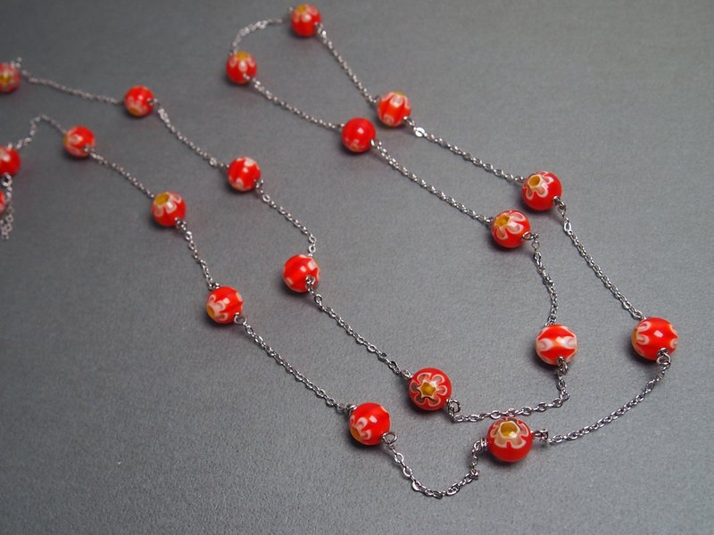 #GN056 Murano Glass Beads Necklace - สร้อยคอ - แก้ว สีแดง