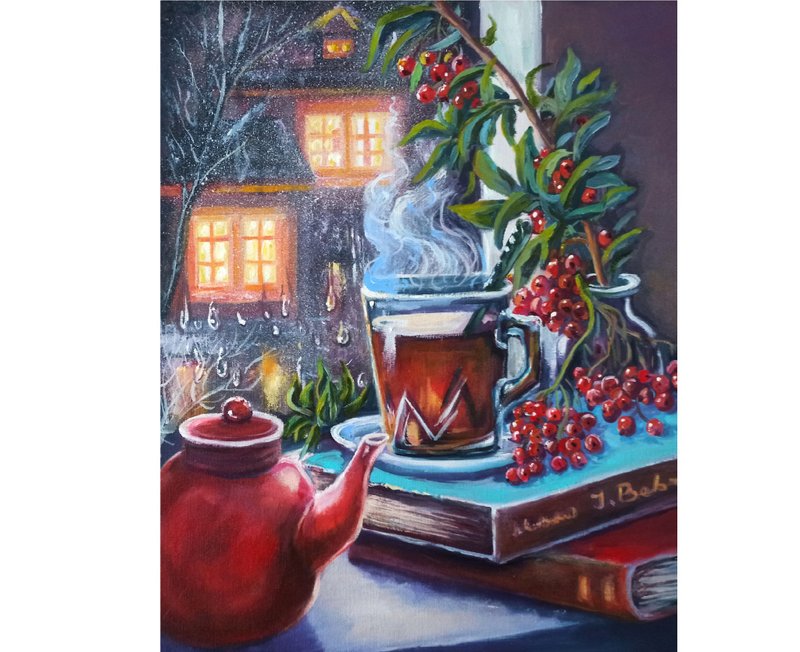 Cozy Rainy Night Oil Painting on Canvas 48x36cm Tea Cup Still Life Original Art - 海報/掛畫/掛布 - 其他材質 