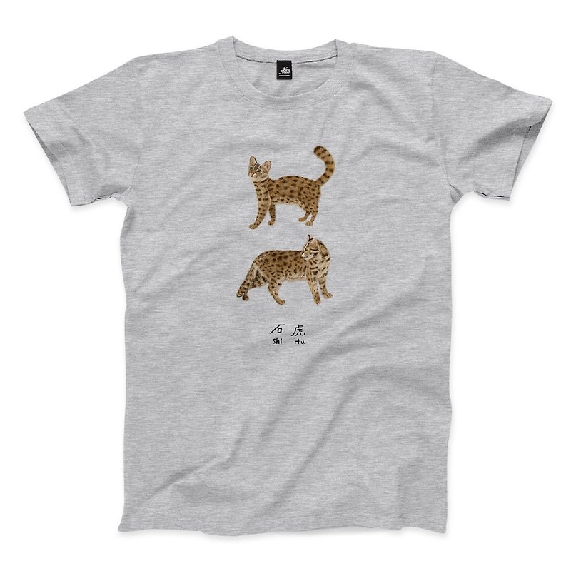 ラブリー石タイガー-グレーのリネン-ニュートラルなTシャツ