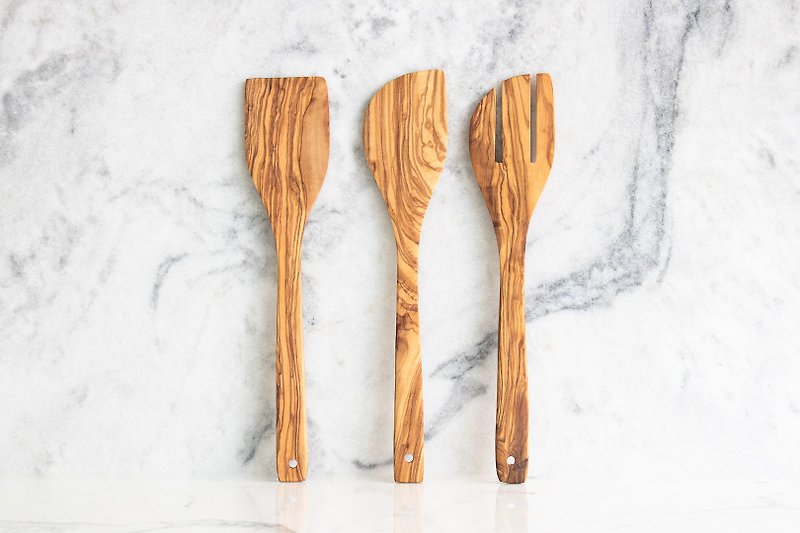 Olive Wood Cooking Spatula 3-Piece Set-Light Food Flat Type--Non-stick Cast Iron Pot Suitable for Old Friends Limited Gift - ตะหลิว - ไม้ สีนำ้ตาล