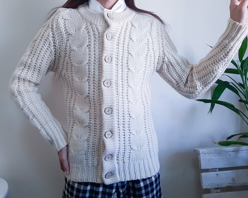 復古 70 年代羊毛漁夫毛衣開襟衫 Aran 愛爾蘭毛衣 KOSUGI 開襟衫 - 女毛衣/針織衫 - 羊毛 卡其色