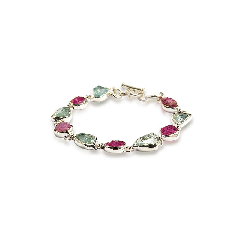 Original ore shape 925 sterling silver trendy ruby and aquamarine ore bracelet