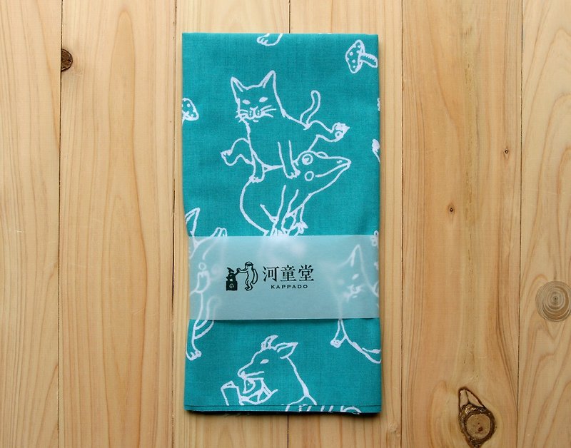猫とカエルの手ぬぐい　ターコイズ - スカーフ - コットン・麻 グリーン