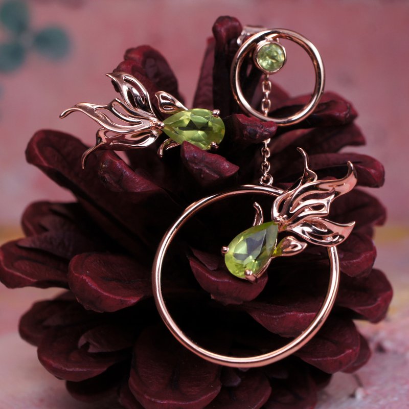 GOLD FISH - Peridot 18K Rose Gold Plated Silver Unbalance Earring - Earrings & Clip-ons - Gemstone Green