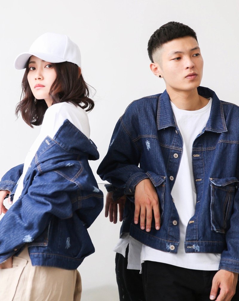 大口袋牛仔外套 短外套 水洗牛仔 中性 不分性別 原創品牌 - 男夾克/外套 - 棉．麻 藍色