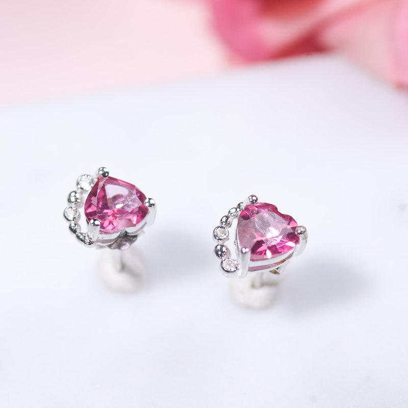 粉紅碧璽925純銀耳環耳釘 | 粉紅色天然石水晶十月誕生石生日禮物 - 耳環/耳夾 - 寶石 粉紅色
