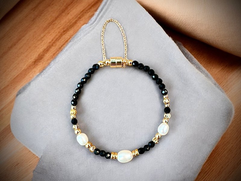 Natural diamond faceted black spindle Japanese imported natural freshwater special-shaped pearl 14k gold magnetic bracelet - Bracelets - Pearl Gold