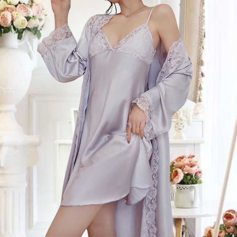 (Customise gift) Embroidered Lace Nightgown, Robe + Nightdress - ชุดนอน/ชุดอยู่บ้าน - ผ้าไหม หลากหลายสี