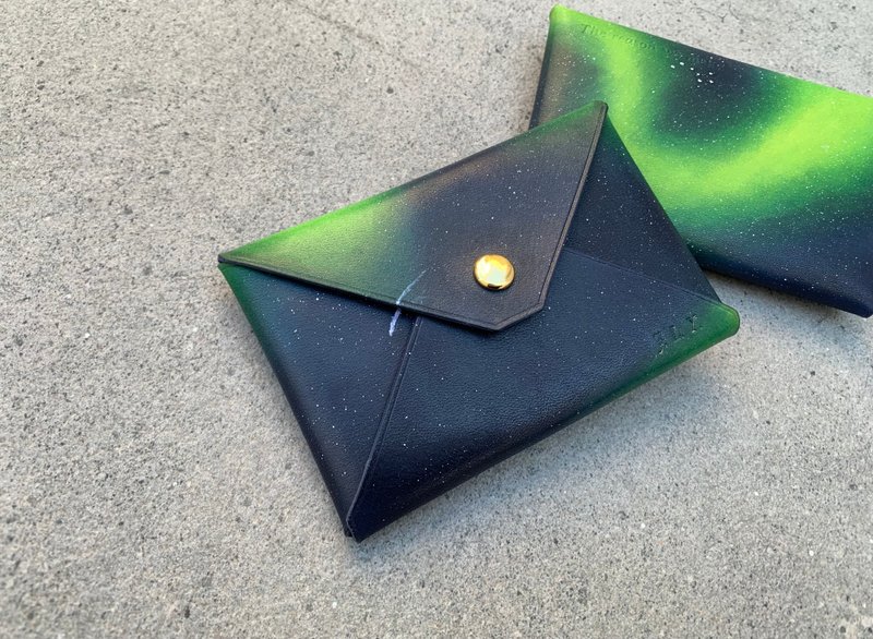 Hand dyed leather Aurora night sky green and black business card holder - Card Holders & Cases - Genuine Leather Green