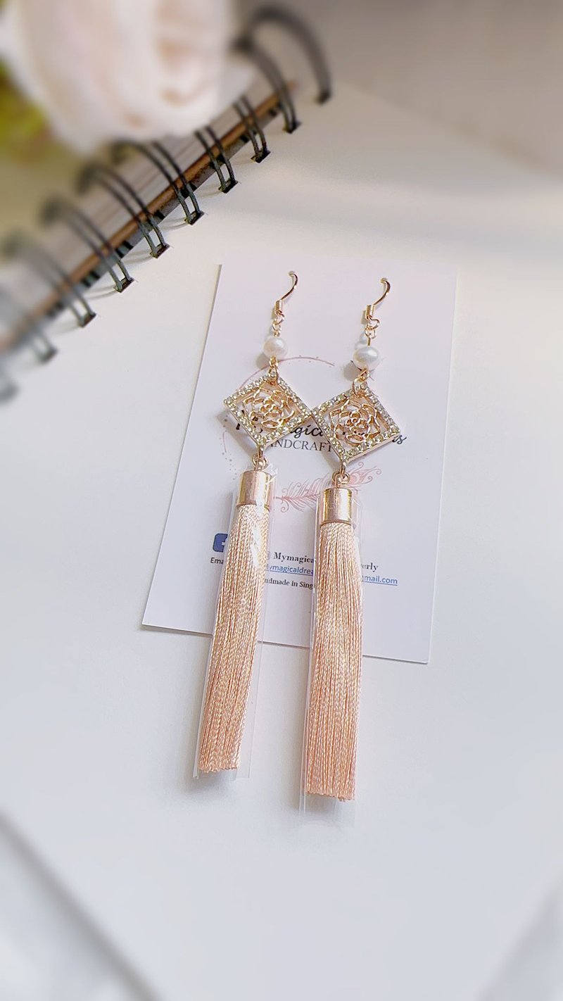 Rose Gold Freshwater Pearl Tassel Dangle Earrings | 长流蘇耳环 - Earrings & Clip-ons - Pearl Gold