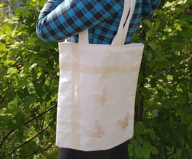 Strong reusable white tote bag, cotton canvas bag with butterflies