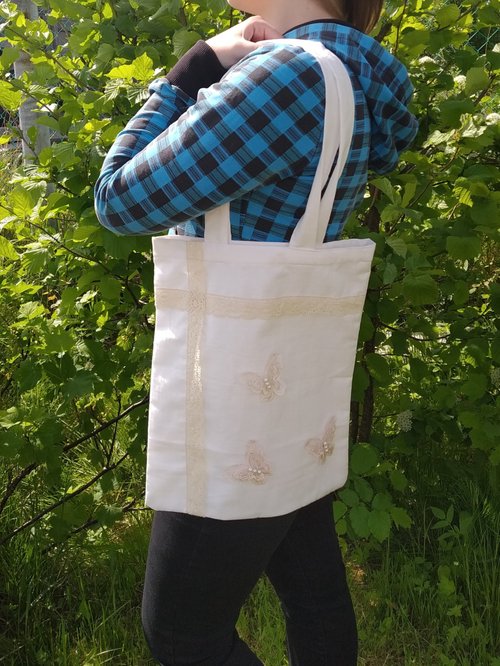 Knitted socks mittens Strong reusable white tote bag, cotton canvas bag with butterflies