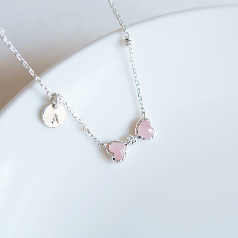 925純銀 雙心 粉水晶 小鑽 蝴蝶結 客製化刻字 項鍊 免費包裝 - 項鍊 - 純銀 粉紅色