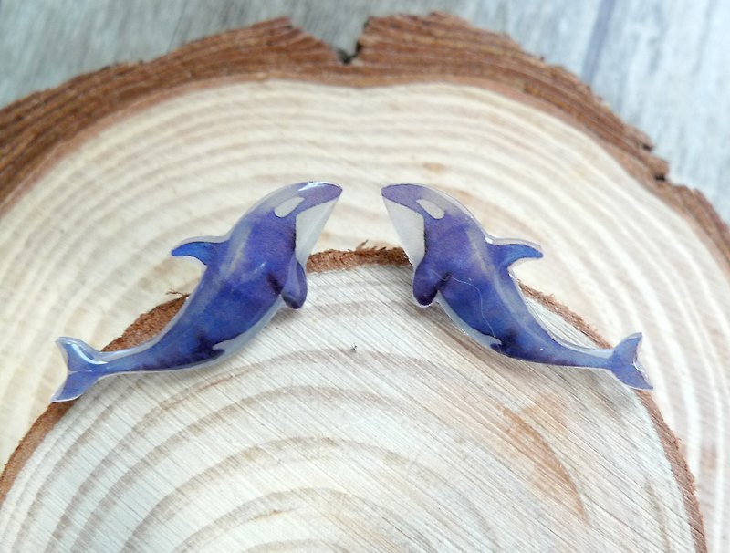 Misssheep-U85 Whale Kiss Watercolor Hand-Drawn Whale Handmade Earrings (Auricular/Ear clip) (pair) - ต่างหู - พลาสติก สีน้ำเงิน