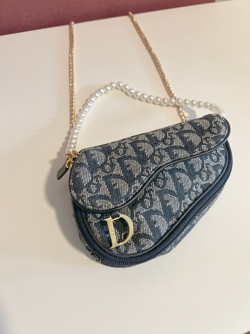 Dior深藍色馬鞍手拿包肩背側肩袋 贈金屬肩帶及珍珠吊飾 vintage - 手拿包 - 其他材質 藍色