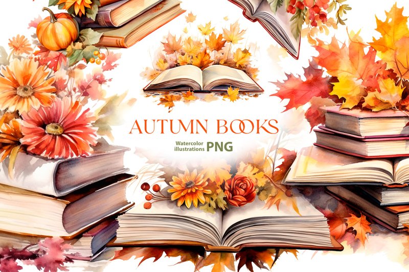 Watercolor book clipart set, 10 Png, Autumn Clipart, Watercolor school png - 電子手帳及素材 - 其他材質 