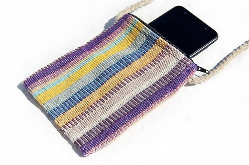 omhandmade 手工編織布手機套 收納袋 票夾 悠遊卡套 側背包-南美洲條紋色彩