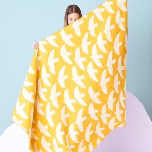 芬蘭 kauniste 雙面羊毛毯 (黃色群鳥)