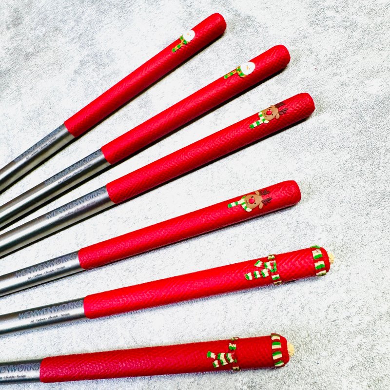 [Christmas Chopsticks Fun] Good luck to the pure titanium chopsticks family set - Chopsticks - Other Metals Red