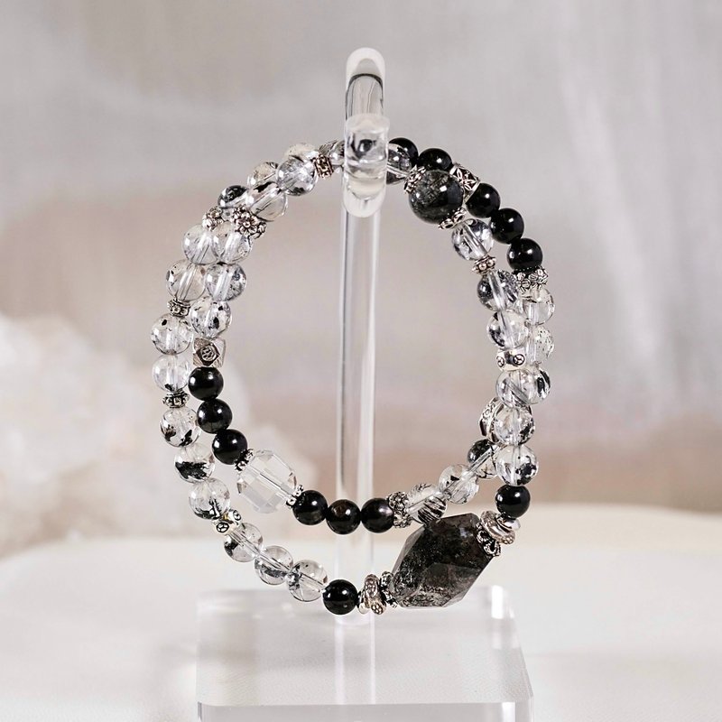 Jinyun Stone Black Hair Crystal Shining Diamond White Crystal 925 Silver Double Circle Bracelet Natural Ore Crystal - สร้อยข้อมือ - คริสตัล สีดำ