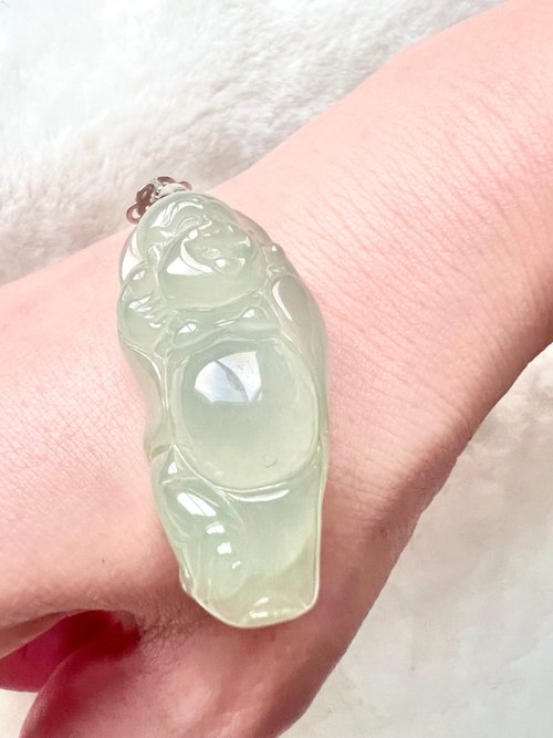 令藏齋.Treasure Jade 老料天然A貨高冰種翡翠彌勒佛吊墜項鍊/密度緊緻/很冰