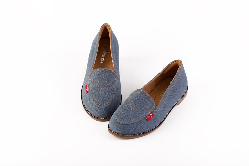 [Fu Lu Dan Ning] leather casual loafers denim limited edition medium blue - รองเท้าลำลองผู้หญิง - ผ้าฝ้าย/ผ้าลินิน สีน้ำเงิน