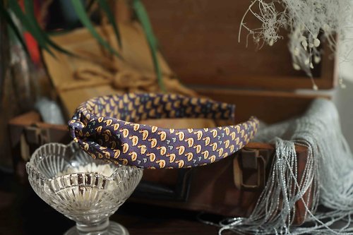 Papas Bow Tie 古董領帶改製手工髮箍-Hermès動物系列鴨子划水-紫色-蝴蝶結/窄