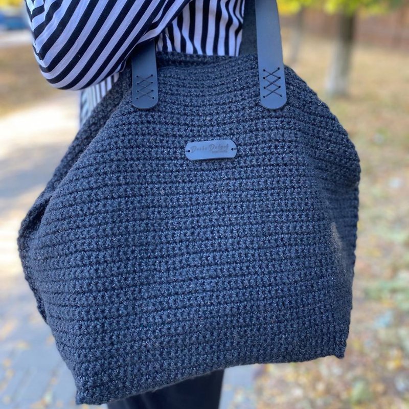 Crochet tote bag Crochet jute bag Beach bag Market bag Shopping bag - 手提包/手提袋 - 環保材質 黑色