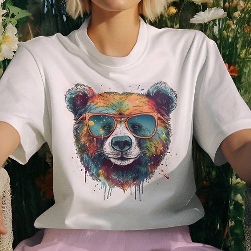 hipster Watercolor Bear 中性短袖T恤 白色 水彩熊禮物穿搭快速出貨新品