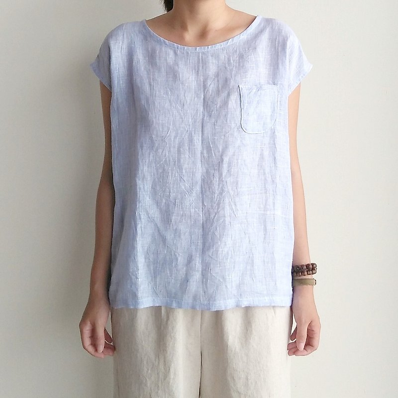 Marine small pocket shirt linen blue and white mixed color - Women's Tops - Cotton & Hemp Multicolor