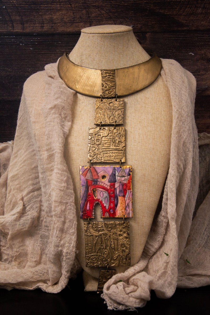 Klimt Statement necklace Bib necklace bright necklace fairy house necklace - Necklaces - Plastic Multicolor