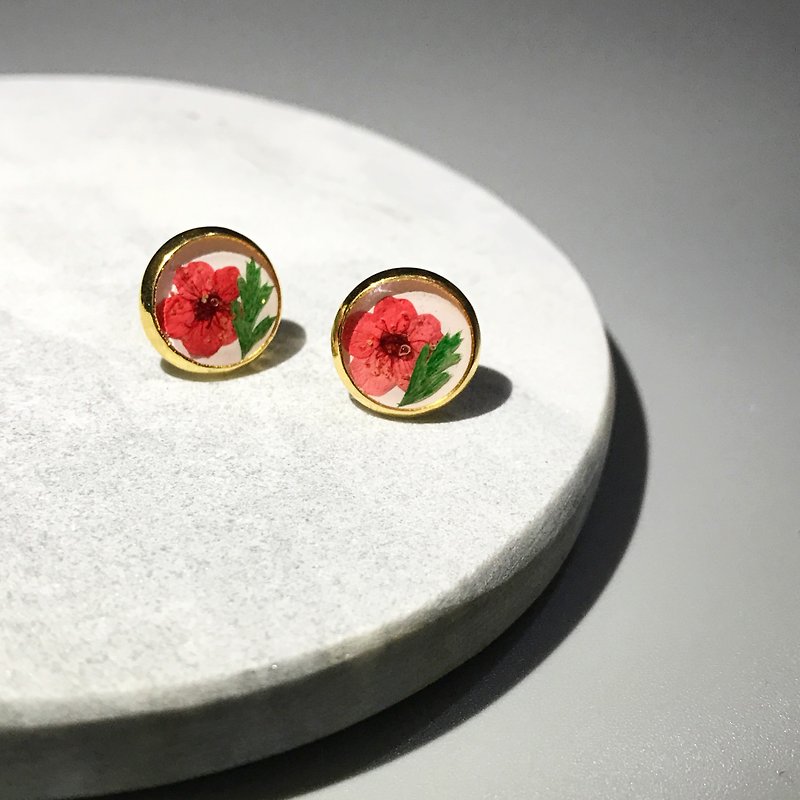 Classic Pressed Flower Earrings (經典押花耳環) - 耳環/耳夾 - 其他金屬 紅色