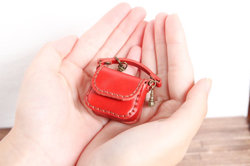 Genuine Leather Miniature Magnetic Bag Charm with Lanyard Red - พวงกุญแจ - หนังแท้ สีแดง