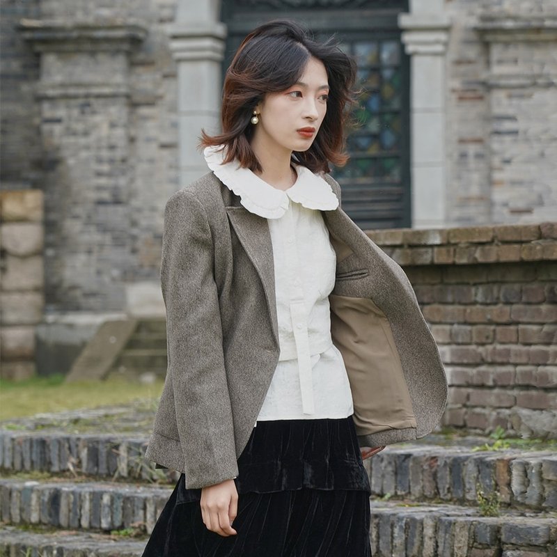 咖綠色毛呢西裝外套|外套|秋冬款|限量款|日本面料|Sora-601 - 女西裝外套 - 其他人造纖維 