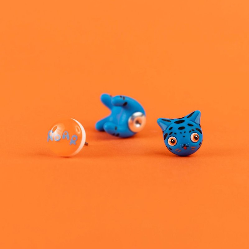 Blue Tiger | Cute Cat Earrings - Handmade Jewelry, Tiger Cats Collection - Earrings & Clip-ons - Clay Blue