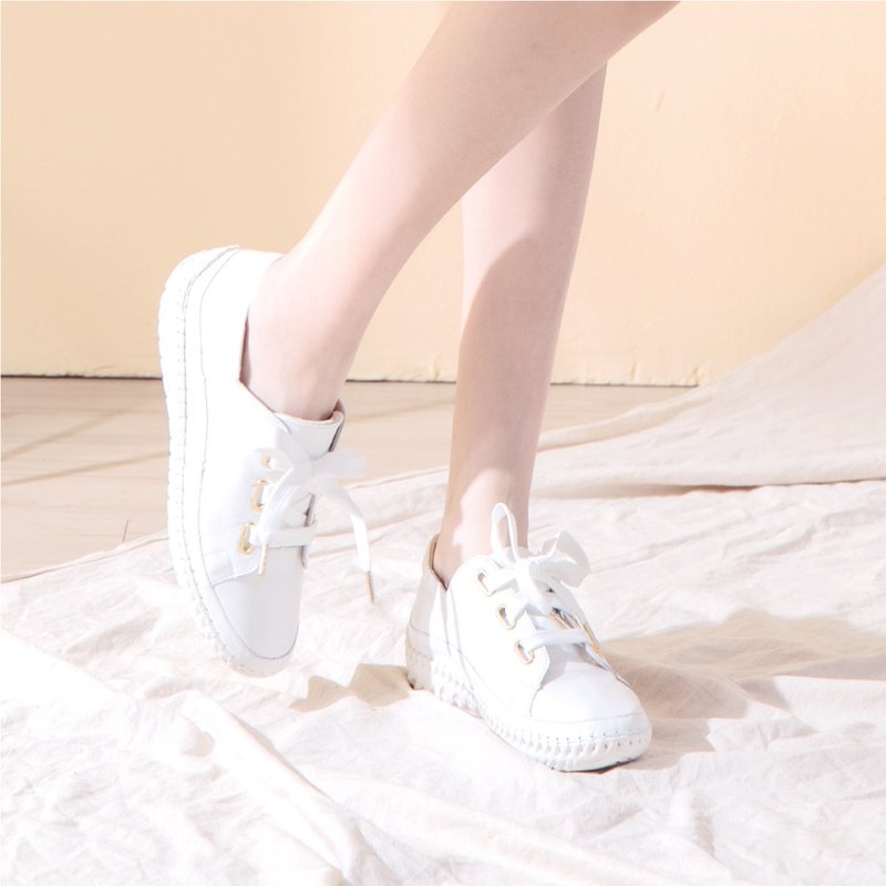 +5cm wide version shoelaces thick bottom inner heightened leather casual shoes lazy shoes small white shoes (cloud white) - Women's Casual Shoes - Genuine Leather White