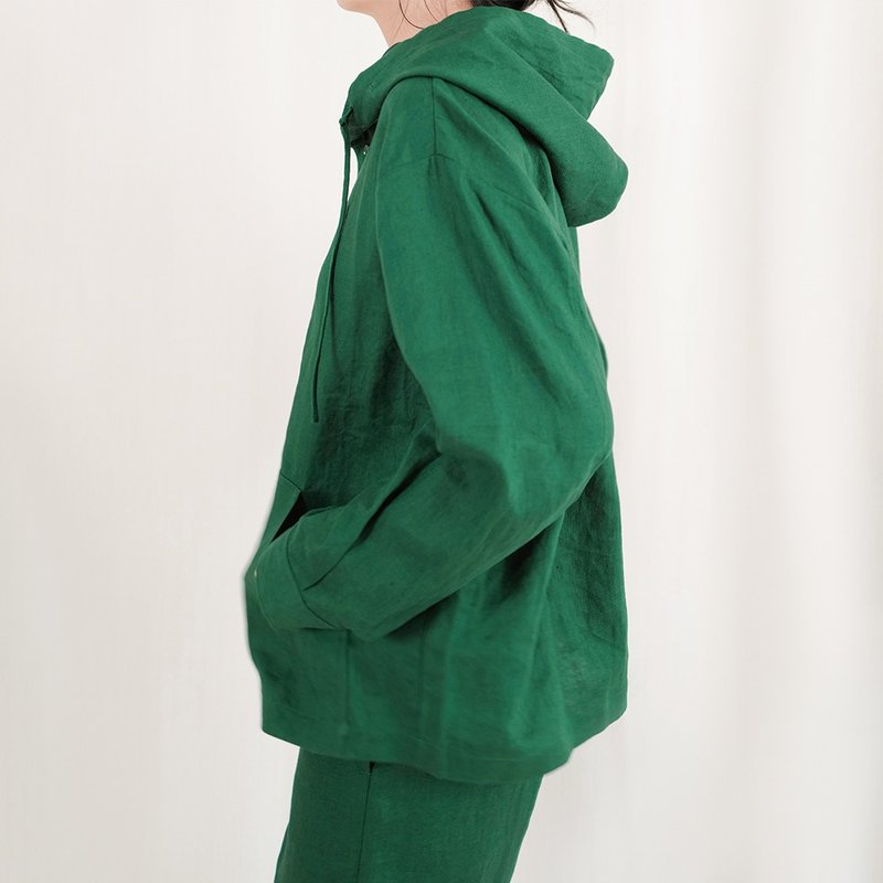 Chestnut Clothing Institute | Branch GM Emerald Green Linen Single-layer Half-open Cardigan Unlined Pullover Drawstring Hoodie Jacket - Women's Tops - Cotton & Hemp 