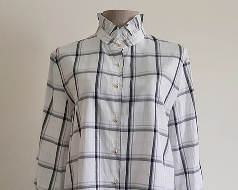 Vintage White Black Plaid Metallic Blouse - Women's Tops - Other Materials White