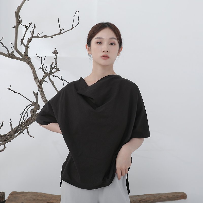 Liren_Liren Linen and linen draped top_23SF012_black - เสื้อผู้หญิง - เส้นใยสังเคราะห์ สีดำ