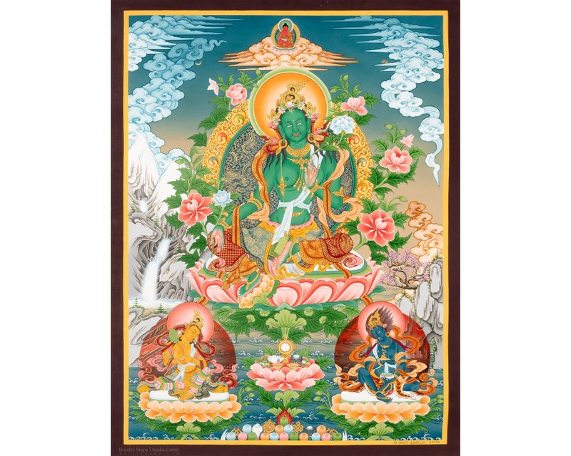 古董綠度母唐卡 - 啟蒙的象徵 - 壁貼/牆壁裝飾 - 其他材質 多色