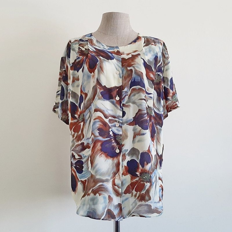 Large Vintage Brown Blue Floral Print Chiffon Blouse Womens Short Sleeve Top L - 女上衣/長袖上衣 - 聚酯纖維 